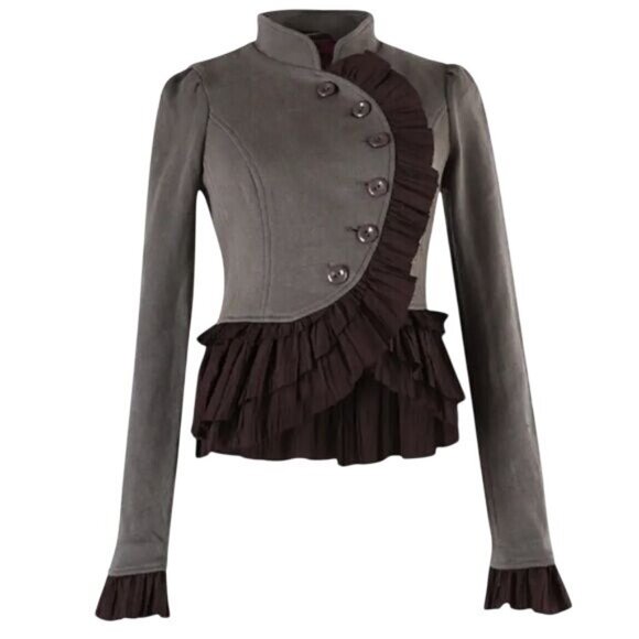 Y2K Free People Olive Green Brown Ruffle Military Jacket Steampunk Boho Academia - Picture 13 of 16